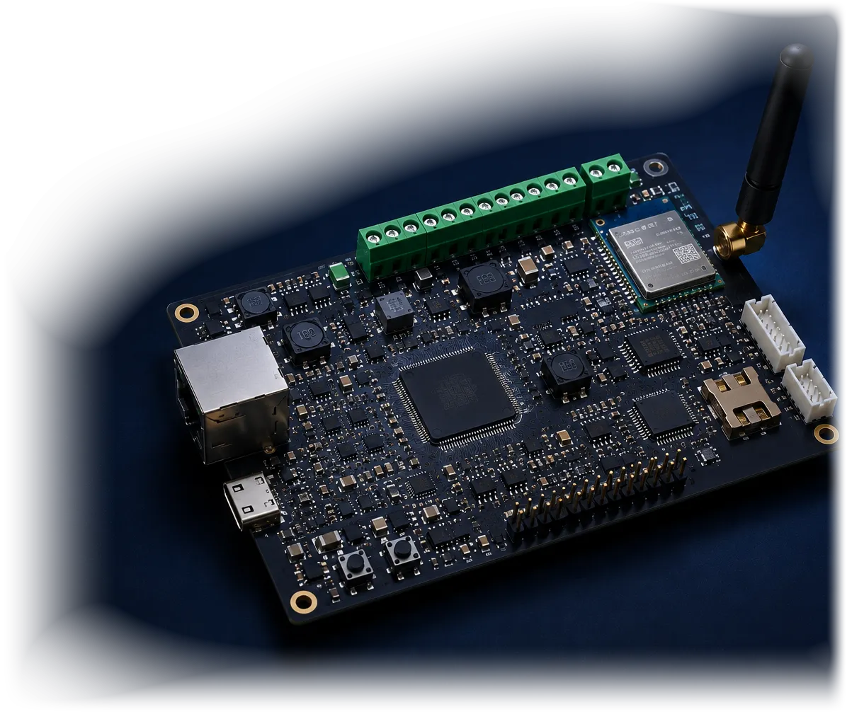 An assembled XceedMinds board — quad-flat-pack MCU, cellular module with a whip antenna, shielded RJ45 Ethernet, pluggable screw terminals, micro SD, HDMI and a GPIO header on a black substrate